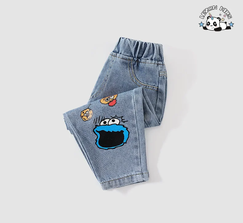 LEZONKIDS - Calças de jeans infantis personalizadas com impressão do desenho Sesame Street para uso diário